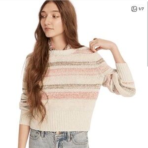 J. Crew 100% Cotton Cream Crewneck Sweater with Pink and Brown Stripes